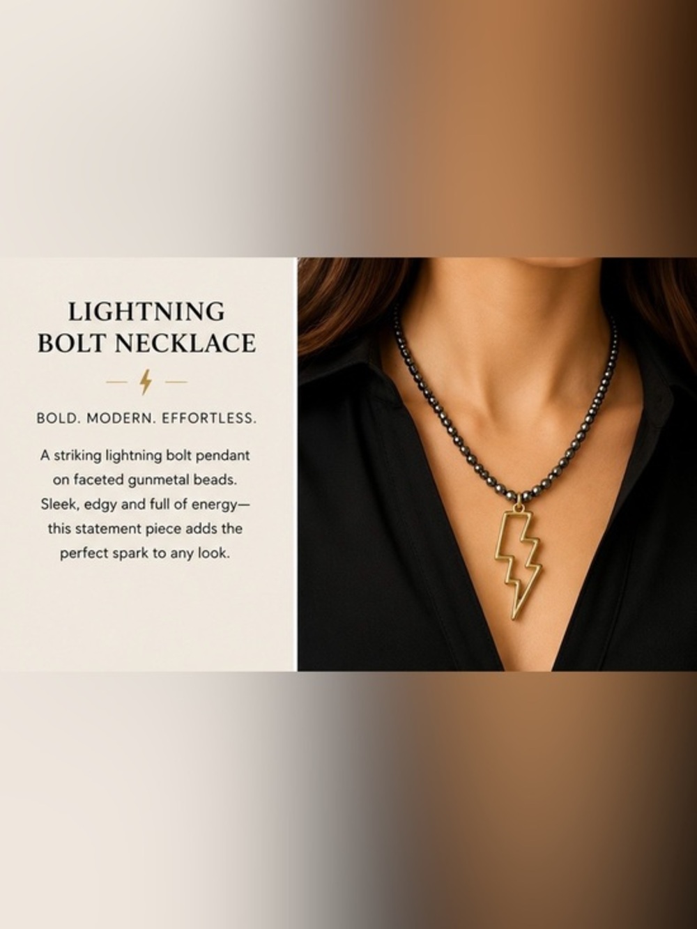 ⚡️Lightning Bolt Pendant Necklace on Faceted Gunmetal Beads & Gold Finish⚡